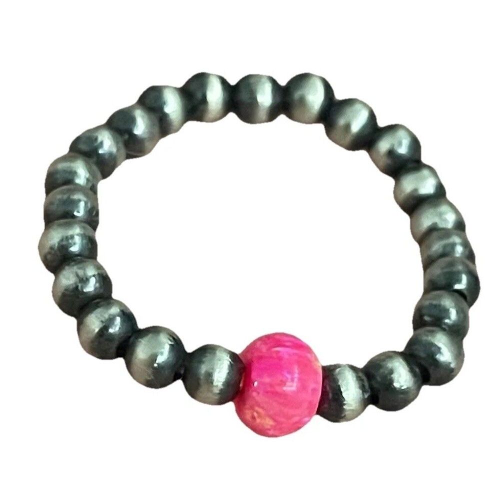 Southwest Style Sterling Silver Desert Pearl Pink Fire Opal Stretchy Ring Size 8